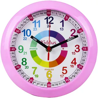 Kiddus Wanduhr Kinder & Lernuhr, 20cm Uhr für Kinderzimmer, Jungen & Mädchen, Lautlos ohne Ticken, Markierte Zeiger (Stunde & Minute), Pädagogisches Design - 02 Rosa IT 20cm
