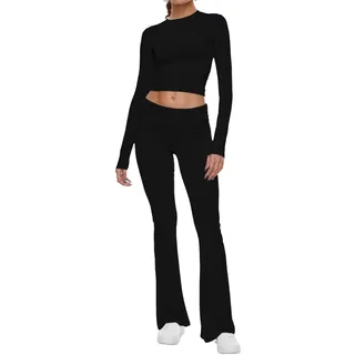 AnotherChill 2-teiliges Lounge-Set für Damen, umklappbare Schlaghose Set, langärmelig, bauchfreies Top, lässige Outfits, Schlafanzug, Schwarz , Small-Medium - S-M