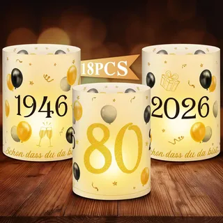 Anruzon 18Pcs Windlichter Tischdeko 80. Geburtstag - Deko 80. Geburtstag Männer und Frauen - Schwarz Gold Happy Birthday Tischdeko für Teelichter oder Kerzen
