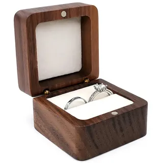 Asudaro Walnuss Holz Ring Box, Ringschachtel Hochzeit Ringetui Samt Schmuck Geschenkbox Hochzeitsring-Schatulle Ehering Geschenkbox Schmuckkästen für Verlobung, Heiratsantrag, Hochzeit weiß-single