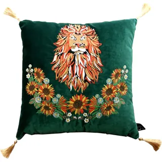 Casa Padrino Luxus Deko Kissen mit Troddeln Löwe Grün / Gold 45 x 45 cm - Feinster Samtstoff - Luxus Qualität