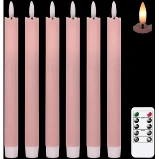 Eldnacele LED Stabkerzen mit Timerfunktion, flackernde Flamme Echtwachskerzen mit Fernbedienung, Rosa Stabkerzen led 6 Stück (2 x 25CM) für Weihnachtsdeko, Zimmer Deko, Hochzeit und Party