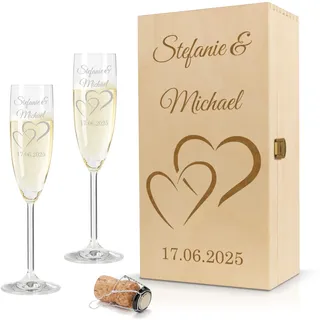 Gravur-Max Leonardo Sektglas 2er Set 200 ml mit Holzbox – personalisiertes Sektglas mit Gravur - LIEBES GLAS HERZ1 – stoßfest – hochwertiges TEQTON-Kristallglas für Sekt, Prosecco & Champagner