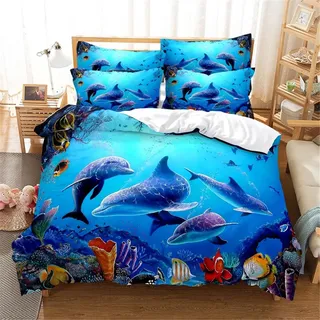 HYFBH 3D-Delfin-Bettwäsche-Set, Queen-Size-Bettwäsche, Bettbezug-Set, Bettwäsche-Set, Bettdecke, Baumwolle, Queen-Size-Schlafzimmer-Bettbezug-Set, Bett-Set, Bettwäsche, 140 x 220 cm, Bettbezug