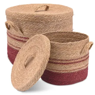 Decorasian Seegras Korb mit Deckel – Wäschekorb geflochten – dekorative Körbe zur Aufbewahrung im Boho Stil - 2er Set