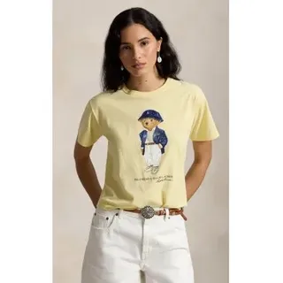 Polo Ralph Lauren für Damen. 211B17792001 Jersey-Strick-T-Shirt mit gelbem Polo-Bär (S), Lässig, Baumwolle, Kurzarm