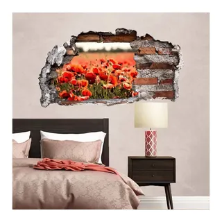 K&L Wall Art Wandtattoo 3D Wandtattoo Mohnblumen Aufkleber Blumenwiese Wandsticker Poppy Field, Mauerdurchbruch Wandbild selbstklebend rot 60 cm x 32 cm