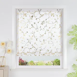 SCHOAL Raffrollo ohne Bohren Glänzende Gardine Transparent Ösenrollo Raffgardine mit Ösen 1 Stück BxH 100x130 cm Gold