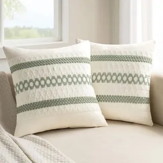 Set Aus 2 Dekorativen Kissenbezügen Im Boho-stil In Salbeigrün, 45 X 45 Cm, Aus Rustikal-modernem Baumwollstoff, Für Bett, Sofa Und Stuhl