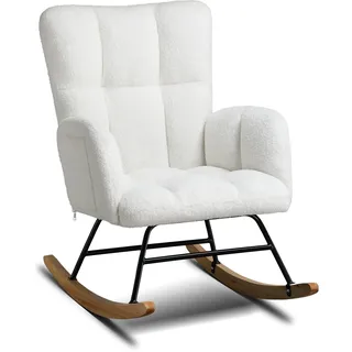 COMHOMA Schaukelstuhl, Relaxsessel mit Armlehnen, Ohrensessel aus Teddy-Plüsch Schaukelsessel, bis 150 kg belastbar, sonnenliege gartenliege für Schlafzimmer, Wohnzimmer, Stilvolles Design weiß