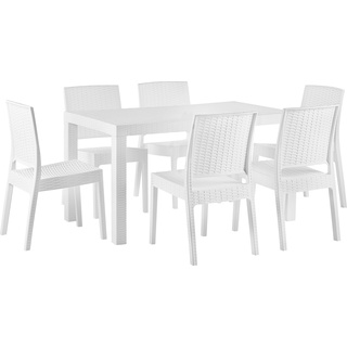 Beliani, Gartentisch + Balkontisch, Gartenmöbel Set Rattanoptik weiß 6-Sitzer FOSSANO (140 cm)