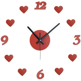 Relaxdays Wanduhr DIY, Wohnzimmeruhr mit Herzen & Zahlen, Ø 50-100 cm, Wandtattoo Uhr zum Kleben, 3D-Uhr Wand, rot