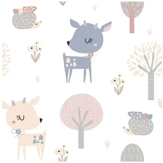 Marburg Kindertapete, matt, Wald, Motiv, (1 St), Tiere, moderne Tapete für Wohnzimmer Schlafzimmer Küche blau|rosa|weiß