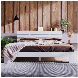 KLAM HOME Bettgestell Doppelbett Holzbett Massivholz Massiv Ehebett Bettgestell 140 x 200 cm, Holzbett Einzelbett für 1-2 Personen weiß
