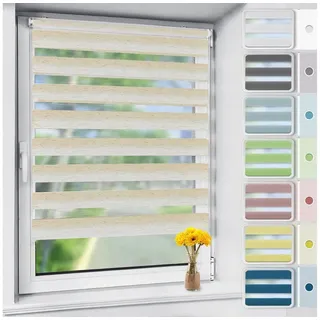 Doppelrollo rollos für Fenster ohne Bohren 130cm, OUBO, Lichtschutz, freihängend, mit Klemmträger, Klemmfix, livhtdurchlässig und verdunkelnd beige 35 cm x 130 cm