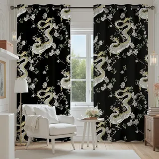 Tyafsgvqo Blumen Dragon Vorhänge Blickdicht, Vintage Orientalisch Vorhänge Wohnzimmer, Asien Japanischer Gardinen mit Ösen, Verdunklungsvorhänge Schlafzimmer, Thermovorhang 2er Set H245 x B70 cm