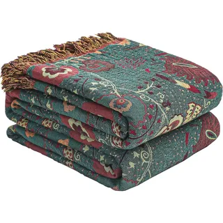 HOORDRY Boho Tagesdecke 100% Baumwolle - Doppelseitiger Musselin Bettüberwurf, Kuschelige Sofadecke & Wohnzimmer-Accessoire, Aesthetic Design200x230CM,Grün