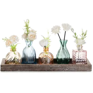 Glasseam Kleine Vasen Glas für Zuhause: 5 Mini Vasen Bunt mit Holztablett für Wohnzimmer Büro Esstisch Tischdeko - Stilvolle Glasvasen Set Blumenvase Klein für Einweihungsgeschenk Haus Frühlingsdeko