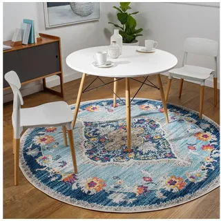 Livabliss Teppich ADEN, rund, Höhe: 10 mm, Vintage Orientteppich, Kurzflor Boho Wohnzimmerteppich, Läufer blau Ø 160 cm x 10 mm