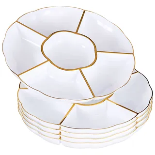 MATANA 5 Weiße Snackteller mit Goldrand & 6 Fächern (Kunststoff, 31cm) - Servierteller, Snackschalen & Dipschalen - Picknick & Partys - Elegant, Stabil & Mehrweg