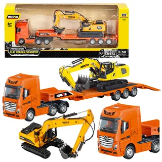 Huina - LKW mit Auflieger Metallbagger orange 1:50