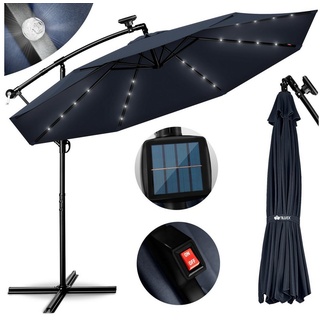 tillvex Sonnenschirm Ø 300 cm Alu Ampelschirm LED Solar mit Kurbel & An-/Ausschalter, Gartenschirm UV-Schutz, Marktschirm mit Ständer wasserdicht blau
