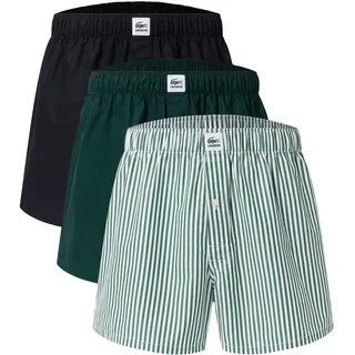 LACOSTE Herren Web-Boxershorts, 3er Pack - Striped Cotton Woven Label Boxers, Baumwolle Grün/Schwarz / 2XL