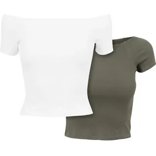 URBAN CLASSICS Ladies Off Shoulder Rib Tee 2-Pack Weiß/Olive L