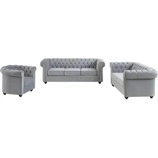 vente-unique 3-2-1 Garnitur Polyester/Samt 2-Sitzer + 3-Sitzer Silber