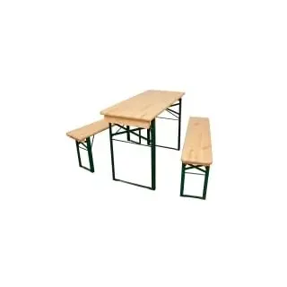 METRO Professional Bierzeltgarnitur, 3-TLG. Gartenmöbel Set, 1 Bier-Tisch 110 x 50 cm, 2 Bierbänke 110 x 25 cm, Klappbar, Naturbraun/Grün