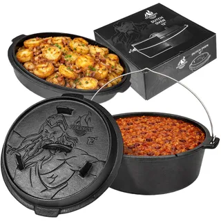 Feuergott Dutch Oven 6L ohne Füße – Gusseisen Topf für Brot, Braten, Backofen, Herd, Induktion, Schmortopf für Familienküche, BBQ, Auflauf, große Portionen, Kochen, Grill, Bräter, rustikal, schwarz