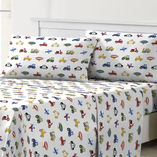 dream FACTORY Kinder-Bettlaken-Set, leichte Mikrofaser-Bettlaken, super weich, leicht zu waschen, gemütliche Bettwäsche, 25,4 cm Tasche – Doppelbett, Blaue LKWs, Traktoren, Autos