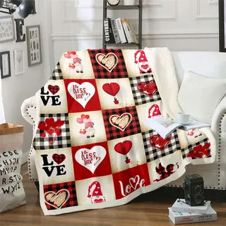 Niedliches Wichtel Decke 150x200 Valentinstag Hochzeit Decke Werfen für Kinder Jugendliche Erwachsene Rot Schwarz Weiß Büffel Kariert Fuzzy Decke Patchwork Retro Liebesherzen Fleece Decke