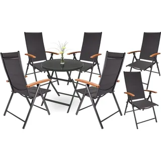 BRUBAKER Garten-Essgruppe Verona - Garten Sitzgruppe - 1 Glastisch rund 70 cm Ø mit Stühlen, (Set, Wetterfest), Hochlehner Gartenstühle mit Klapptisch Tisch / Gartentisch - Anthrazit grau