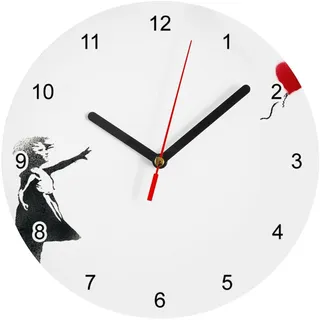Fabulous Banksy Wanduhr aus Glas – Mädchen Ballon rot Herz Kinder – Durchmesser 20 cm – Weiß