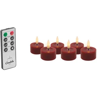 Candela Lights LED Kerzen 6er Set Ø4,5cm Winter rot glatt Echtwachs Teelicht mit Fernbedienung & Timerfunktion Flammenlose flackernde LED-Kerze mehrstufig dimmbar