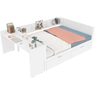 SOFTWEARY Jugendbett mit Schubladen, Lattenrost und Schreibtisch, 140x200 cm, Doppelbett mit Regal, Holzbett (weiß, 140x200 cm)