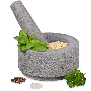 Relaxdays 10029958 Mörser mit Stößel, Granit, unpoliert, langlebig, massiv, für Gewürze und Kräuter, Steinmörser D: 14 cm, grau