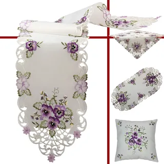 Quinnyshop Lila Stiefmütterchen Stickerei Tischdeckchen 20 cm Rund Polyester, Weiß