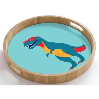 OnlyWow Tablett Rund mit Henkel Dinosaurier - Blau - Sonnenbrille, Eichenholz, (1-tlg), Servierbrett Groß, Tischdeko, Platte, Tisch Deko 50 cm x 50 cm x 5 cm
