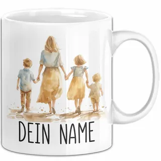Mama und 3 Kinder Tasse mit Namen – Personalisierte Tasse Muttertag Geschenkidee Mama von drei Kindern Namentasse (Weiss)