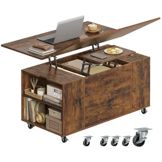 WOLTU Couchtisch höhenverstellbar, Wohnzimmertisch mit Rollen, Hebeplatte Schublade, offener und versteckter Stauraum, für Wohnzimmer Büro, Rustikales Braun