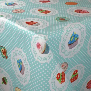 KEVKUS Wachstuch Tischdecke Meterware K150017 Cupcakes Muffin hellblau Punkte wählbar in eckig rund oval (Rand: Schnittkante (ohne Einfassung), 90 x 240 cm eckig Biertisch XL)