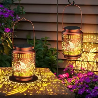 Kolibri Solarlaterne 2 Stück, Hängende Solarlampe Für Außen Mit Blumenmuster Und Kupferoptik, Für Garten Terrasse Balkon