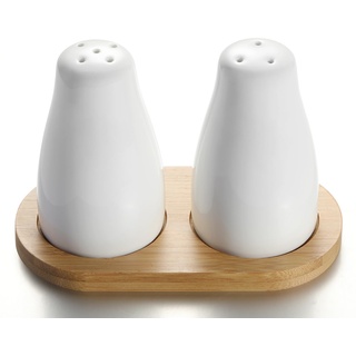 UDQYQ Keramik Salz- und Pfefferstreuer Set mit Bambus Tablett,2 PCS Moderne weiße Salz- und Pfefferstreuer,Niedliche Salzstreuer-Pfeffertöpfe für Landhausküche Tischdekoration