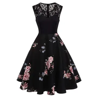 Axoe Damen 50er Jahre Rockabilly Kleid mit Blumenmuster Ärmellos, Farbe04, XXL (46 EU) - XXL