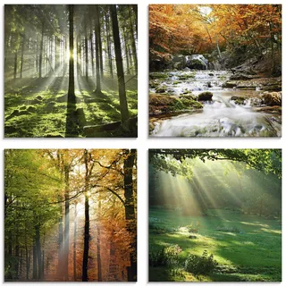 ARTland Wanddeko Glasbilder Wandbild Glas Bild 4er Set 4 teilig je 40x40 cm Natur Landschaft Wald Baum Grün Gras Wasserfall Herbst Sonne S6MK