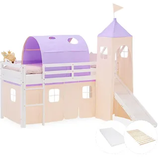 Homestyle4u Hochbett 90 x 200 cm Kiefer massiv lackiert weiß lila
