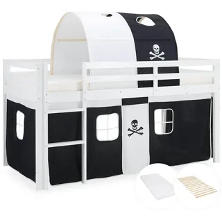 Homestyle4u Hochbett Pirat 90 x 200 cm Kiefer massiv lackiert weiß schwarz