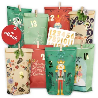 Amari befüllbarer Adventskalender Adventskalender zum Befüllen 2026, 24 Papiertüten 14×22 cm mit Zahlen (DIY Set, 72-tlg), Designs für Kinder & Erwachsene, wiederverwendbar, Ideen zum Befüllen